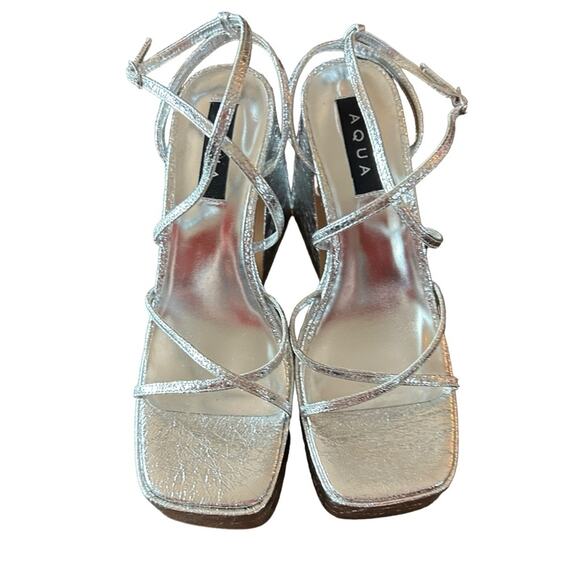 Aqua Chanc Metallic Silver High Heel Platform Sandals Square Toe Strappy NEW 8.5 - Picture 3 of 10